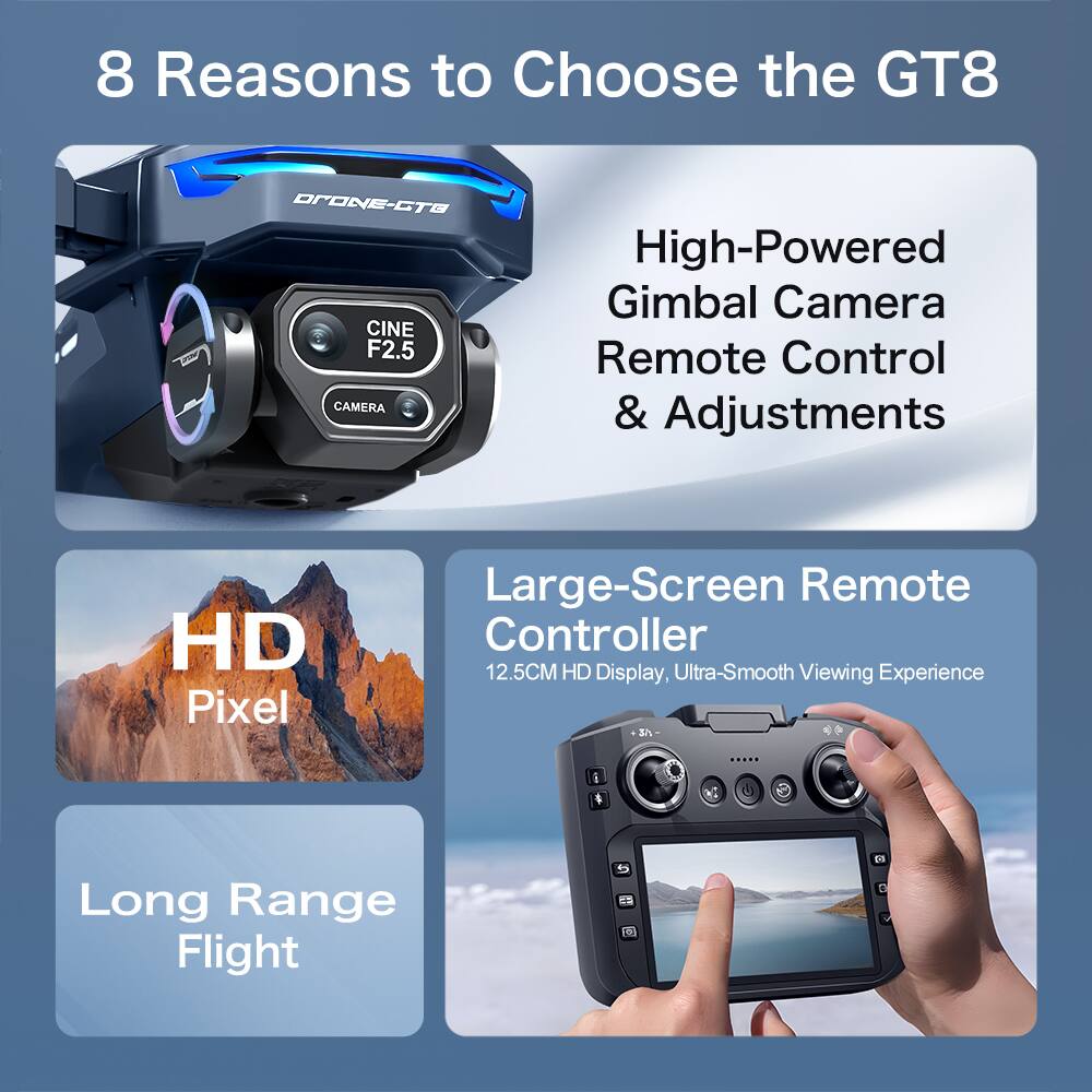 8 Reasons to Choose the GT8 DrONE-CTG CINE F2.5 CAMERA High-Powered Gimbal Camera Remote Control & Adjustments HD Pixel Large-Screen Remote Controller 12.5CM HD Display, Ultra-Smooth Viewing Experience UE ..... i Long Range Flight