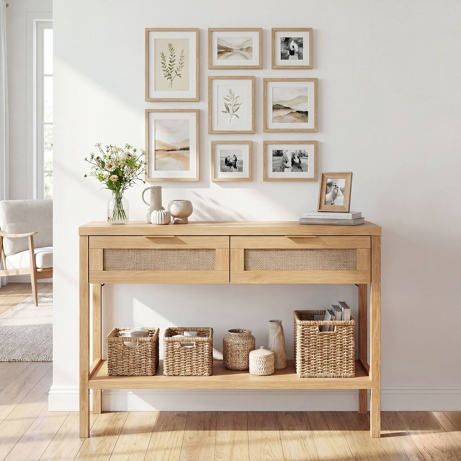 Alt View 1. Costway - Costway Rattan Console Table with 2 Drawers, Shelf & 2 Anti-Tipping Kits for Small Space - Natural.