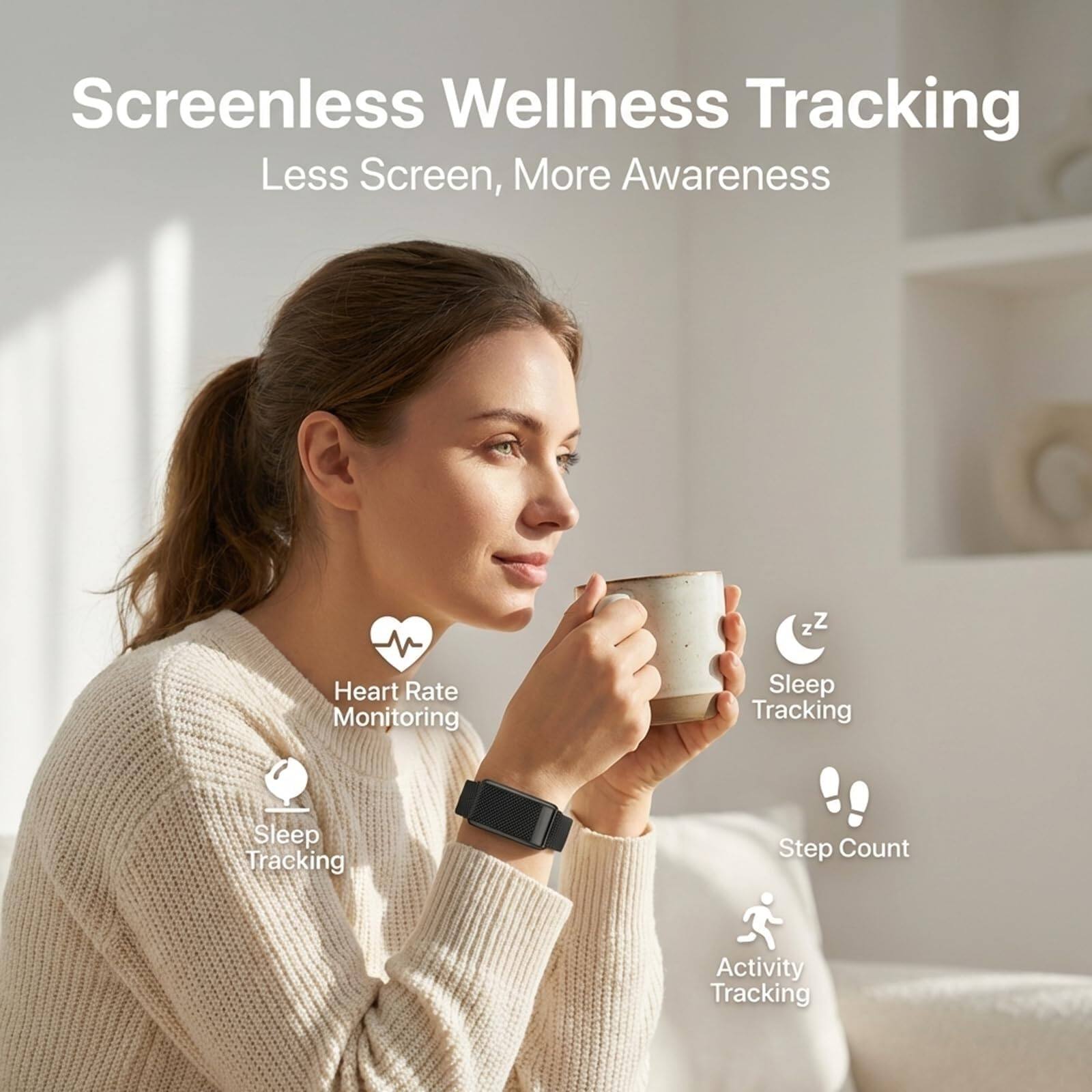 Screenless Wellness Tracking  
Less Screen, More Awareness  

- Heart Rate Monitoring  
- Sleep Tracking  
- Sleep Tracking  
- Step Count  
- Activity Tracking