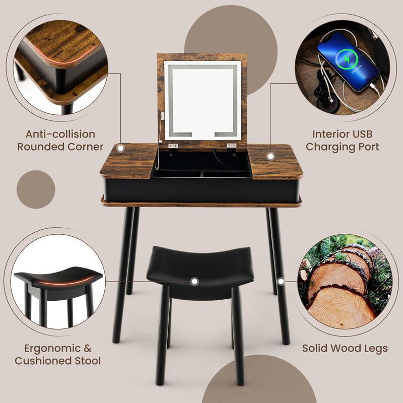 Anti-collision Rounded Corner  
Interior USB Charging Port  
Ergonomic & Cushioned Stool  
Solid Wood Legs