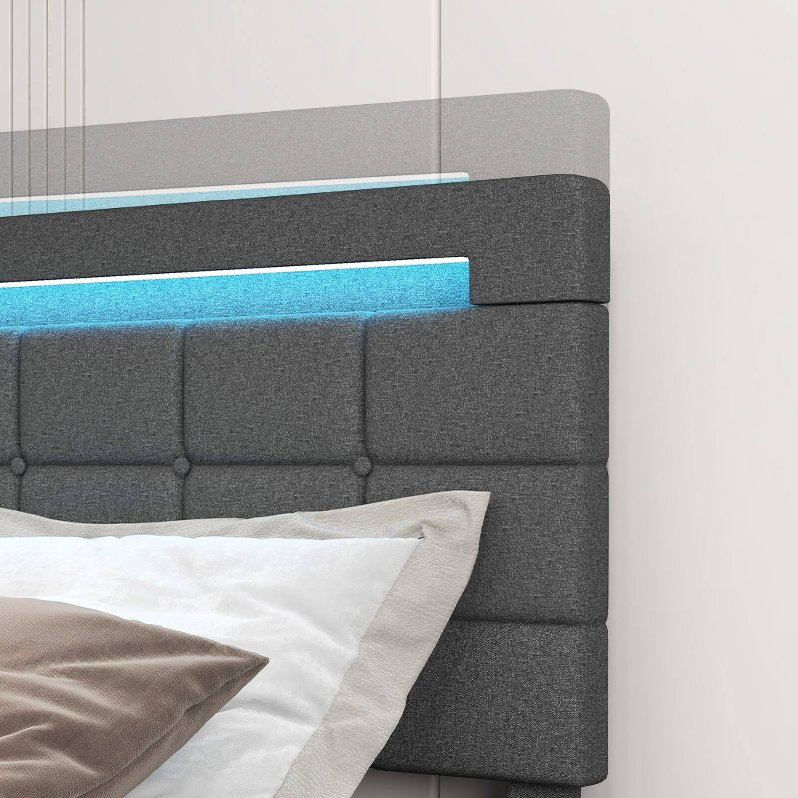 Alt View 1. LUCKY ONE - Full Assembled Upholstered LED Bed Frame with Headboard Drawers USB Charging - Grey-Full.