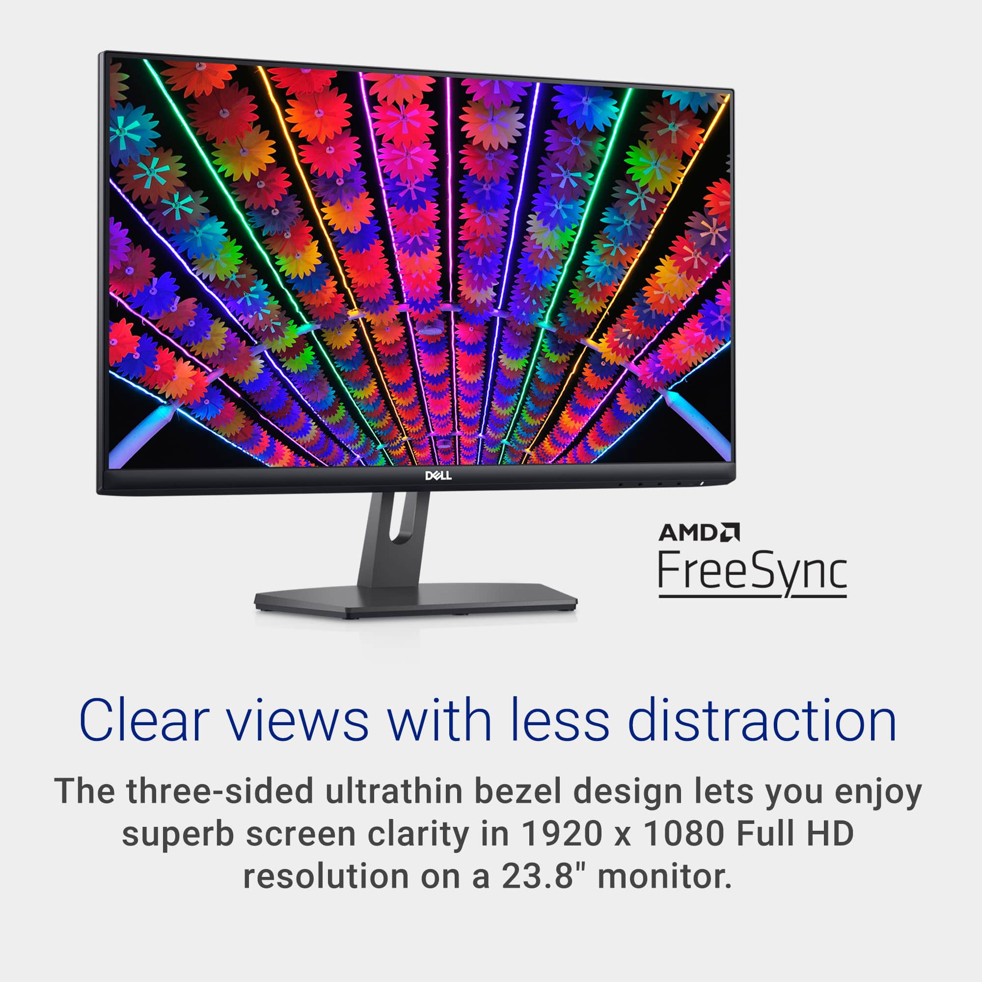 The text on the image reads: "Clear views with less distraction. The three-sided ultrathin bezel design lets you enjoy superb screen clarity in 1920 X 1080 Full HD resolution on a 23.8" monitor."