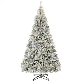 Forest'nSky - 9 ft Pre-Lit Flocked Fraser Fir Artificial Christmas Tree with Hinged Branches and 600 LED Lights - Green and White