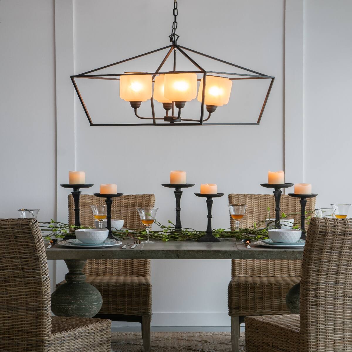 Alt View 8. Loheer - Loheer Black Iron Chandelier, Rectangle Glass Shade Industrial Hanging Light Fixture for Dining Room.