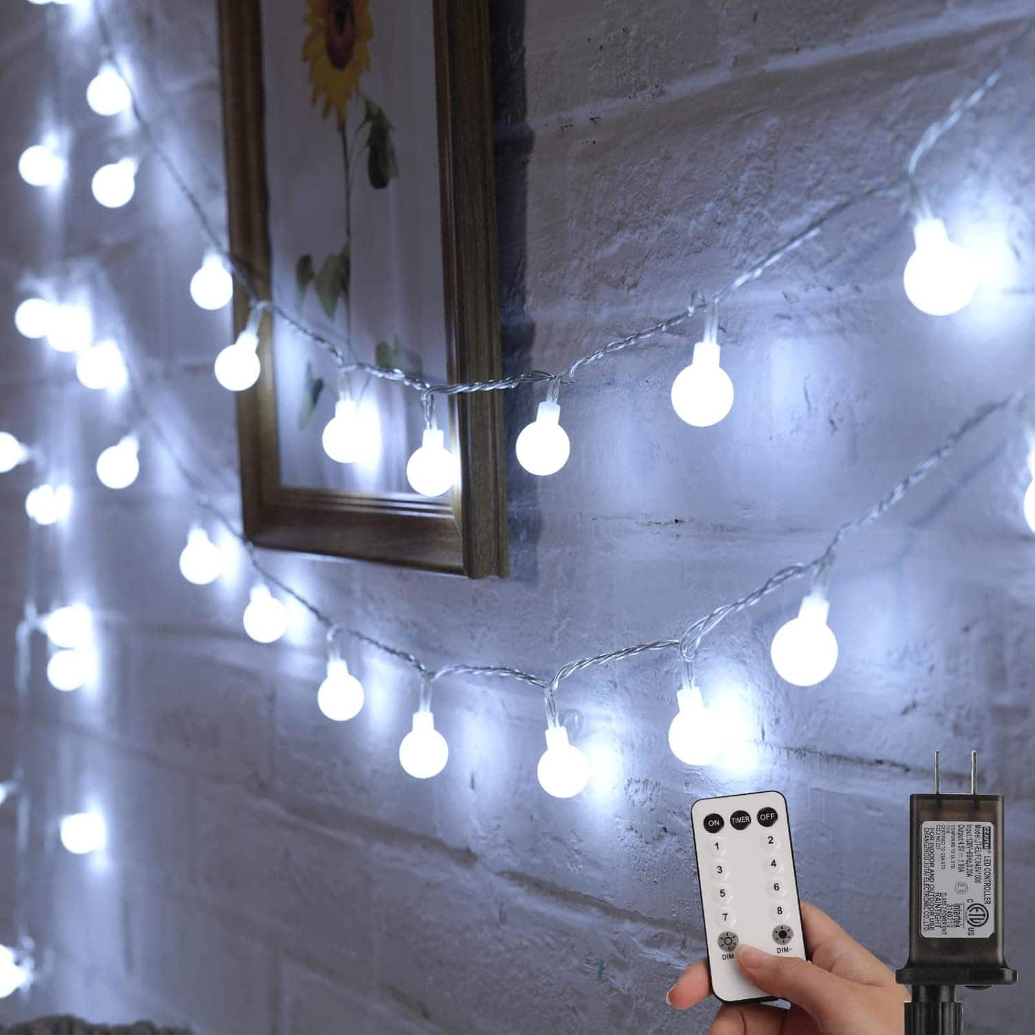 FINEAK - 33ft 100-LED Pure White Globe String Lights Plug-in Remote Waterproof