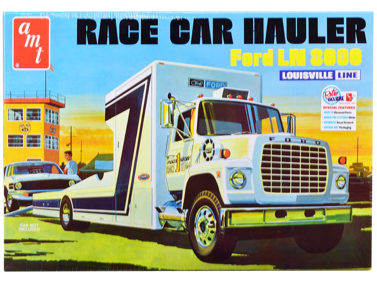RACE CAR HAULER  
Ford LN 8000  
LOUISVILLE LINE  

SPECIAL FEATURES  
- OVER 70 Chromed Parts  
- BONUS PRE-LETTERED Sticks  
- AUTHENTIC Decal Artwork  
- VINTAGE AMI Packaging  

CAR NOT INCLUDED