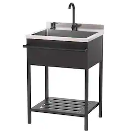 Winado - Freestanding Sink with Side Towel Rack and Lower Shelf for Restaurant & Commercial Kitchen and Pet Grooming and Washing - Black/Silver