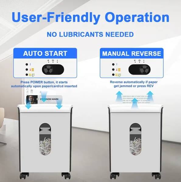 User-Friendly Operation  
NO LUBRICANTS NEEDED  

AUTO START  
Press POWER button, it starts automatically upon paper/card/cd inserted  

MANUAL REVERSE  
Reverse automatically if paper get jammed or press REV  

JOHNSON MARK