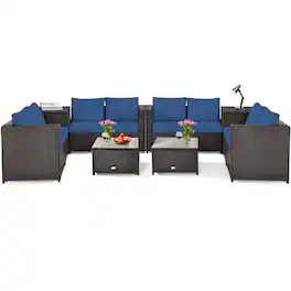Costway - 8PCS Outdoor Patio Rattan Furniture Set Cushioned Loveseat Storage Table - Blue