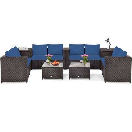 Front. Costway - Costway 8PCS Outdoor Patio Rattan Furniture Set Cushioned Loveseat Storage Table - Blue.
