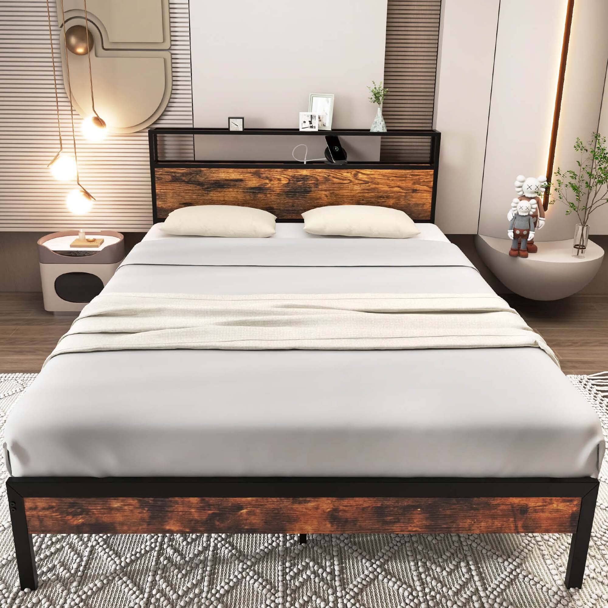Alt View 4. Costway - Queen Bed Frame with Storage Headboard Charging Station 18W USB C Port Rustic - Brown.