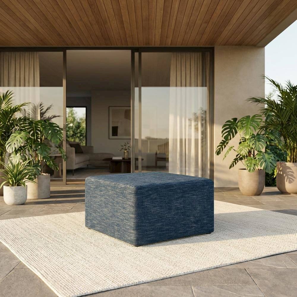 Angle. Outdoor Escape - Square Woven Heathered Fabric Ottoman with Cushioned Top for Outdoor Lounge - Blue.