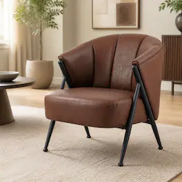 Costway - 1 PCS Mid Century Accent Chair with Curved Backrest, Wide Seat, PU Upholstery, Metal Legs - Brown