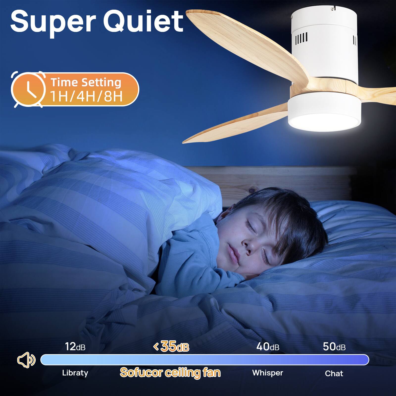 Super Quiet  
Time Setting 1H/4H/8H  

12dB <35dB 40dB 50dB  

Libraty Sofucor ceiling fan Whisper Chat
