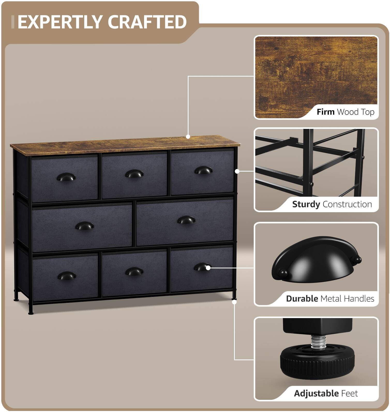 EXPERTLY CRAFTED

- Firm Wood Top
- Sturdy Construction
- Durable Metal Handles
- Adjustable Feet