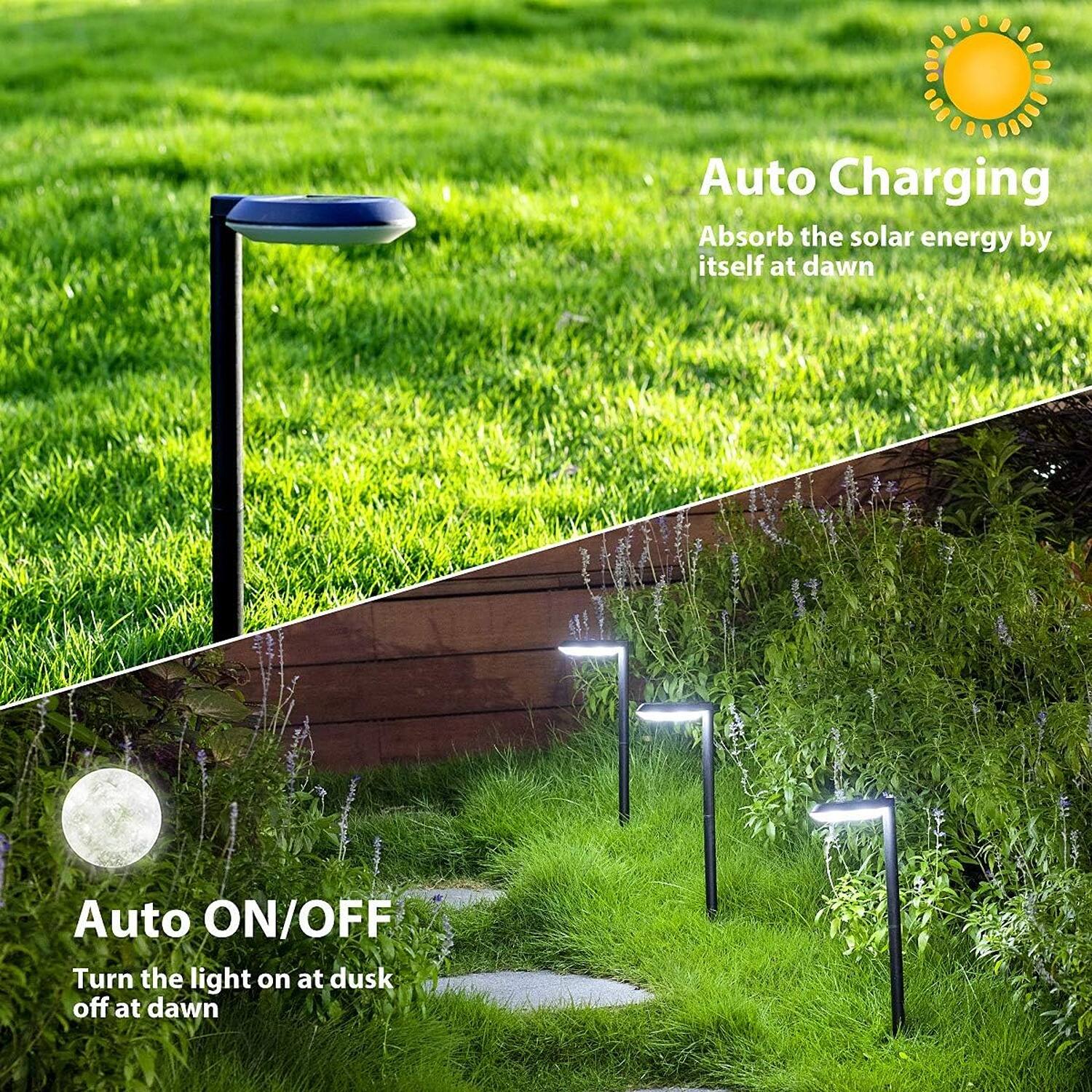 Auto Charging  
Absorb the solar energy by itself at dawn  

Auto ON/OFF  
Turn the light on at dusk off at dawn
