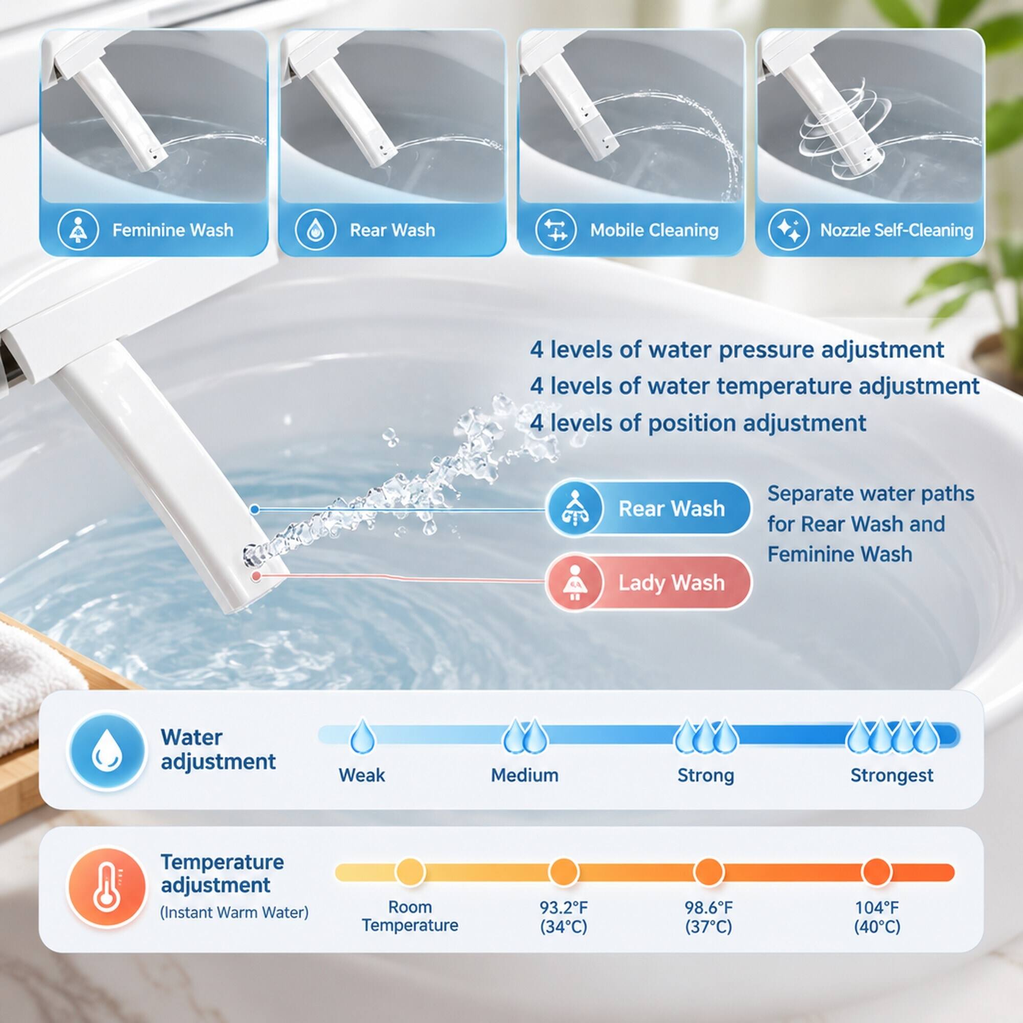 Feminine Wash  
Rear Wash  
Mobile Cleaning  
Nozzle Self-Cleaning  

4 levels of water pressure adjustment  
4 levels of water temperature adjustment  
4 levels of position adjustment  

Separate water paths for Rear Wash and Feminine Wash  

Water adjustment  
Weak  
Medium  
Strong  
Strongest  

Temperature adjustment (Instant Warm Water)  
Room Temperature  
93.2°F (34°C)  
98.6°F (37°C)  
104°F (40°C)
