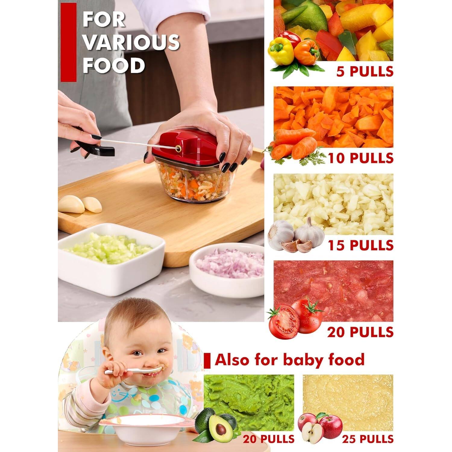 FOR VARIOUS FOOD 5 PULLS 10 PULLS 15 PULLS 20 PULLS Also for baby food 20 PULLS 25 PULLS