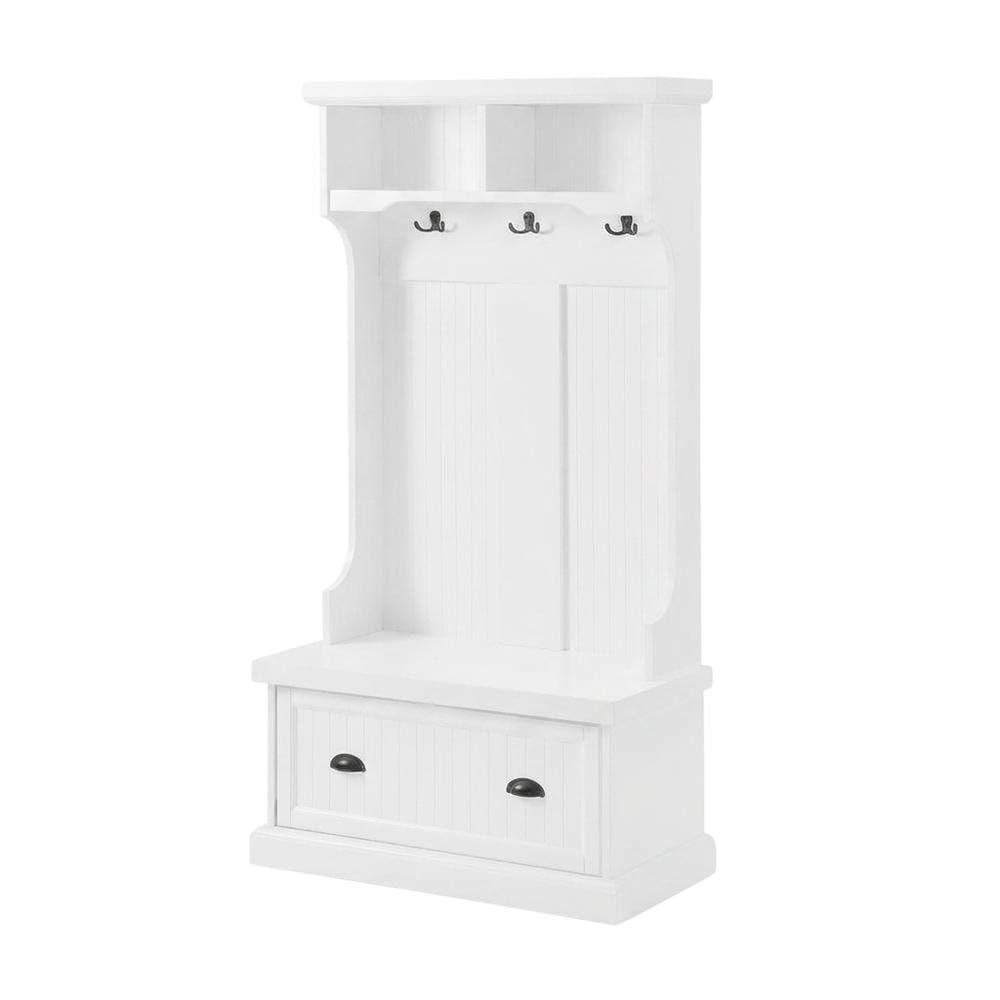 Left. FurniFact - Wood hall tree with storage bench and coat hooks for entryway - White.