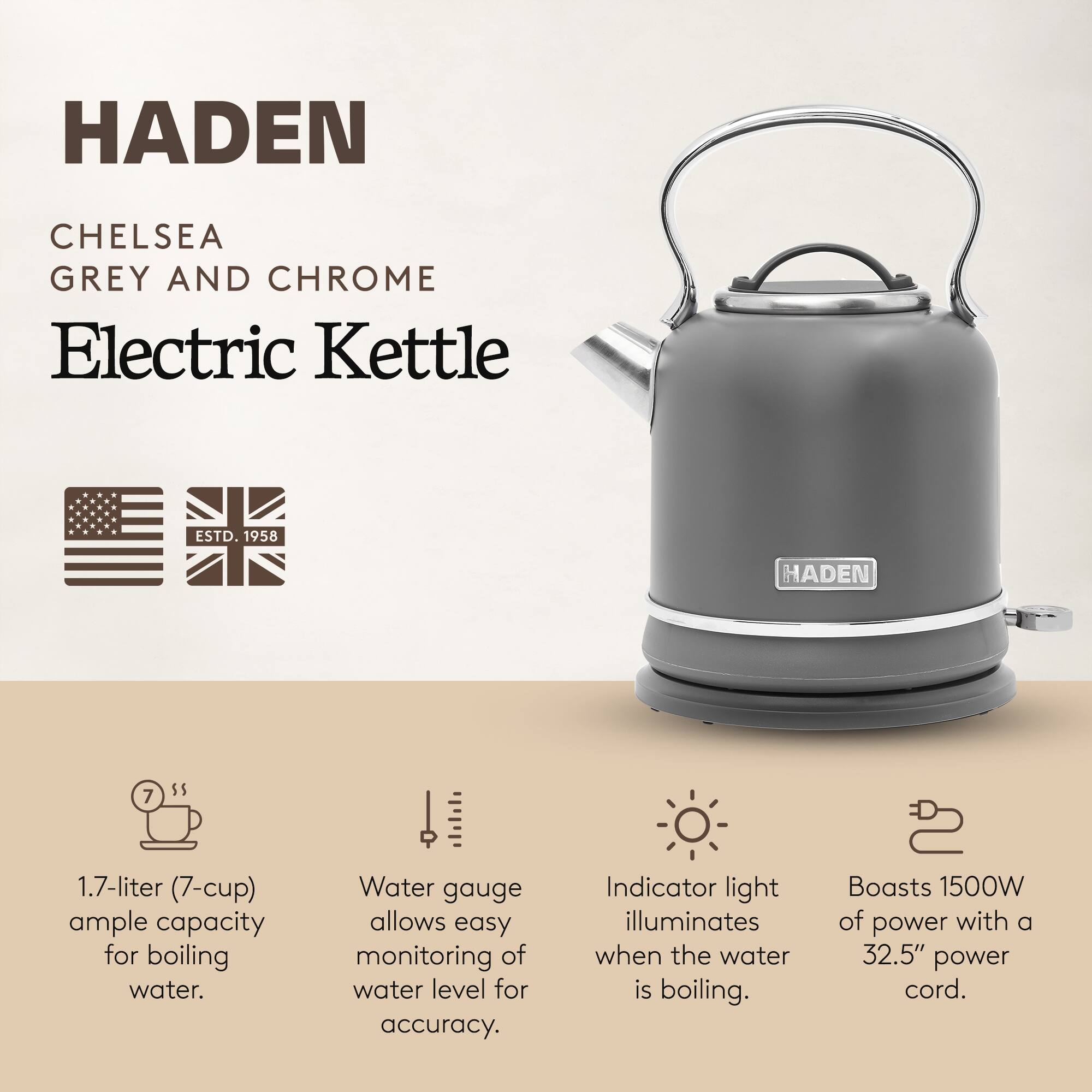 Haden Chelsea 1.7 Liter Electric Water Kettle w/ 360 Degree Base