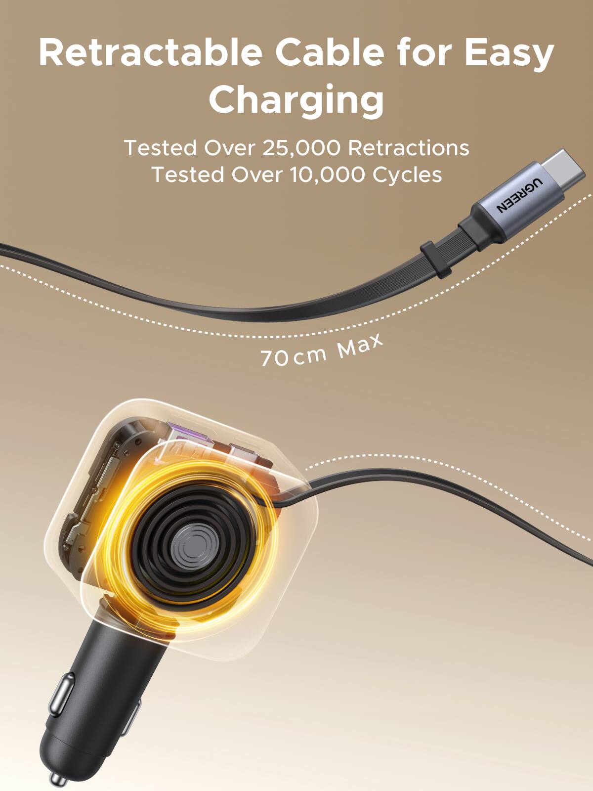 Retractable Cable for Easy Charging  
Tested Over 25,000 Retractions  
Tested Over 10,000 Cycles  
70 cm Max
