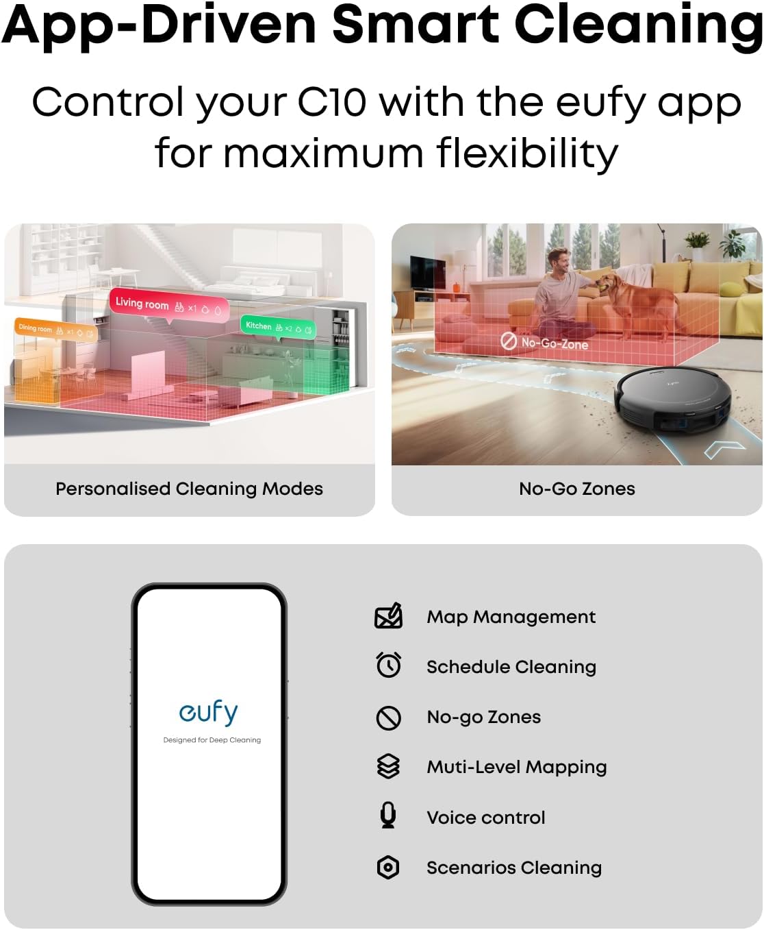 App-Driven Smart Cleaning  
Control your C10 with the eufy app for maximum flexibility  

Personalised Cleaning Modes  
No-Go Zones  
Map Management  
Schedule Cleaning  
No-go Zones  
Multi-Level Mapping  
Voice control  
Scenarios Cleaning  

Living room  
Dining room  
Kitchen  

No-Go-Zone