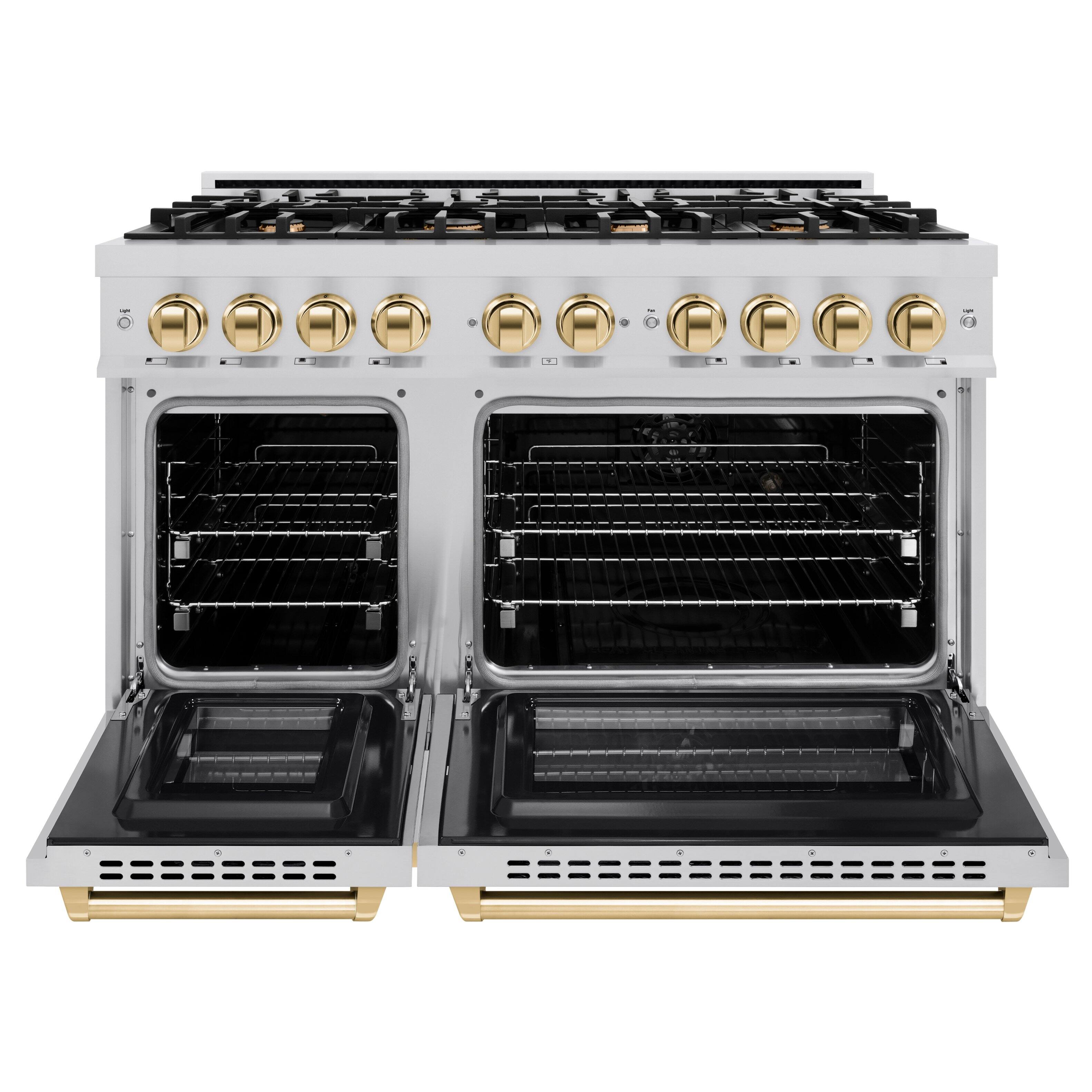 Left. ZLINE - ZLINE Autograph 48" Select Double Oven Dual Fuel Range w/ Polished Gold Accents (HDRZ-48-G) - Stainless Steel.