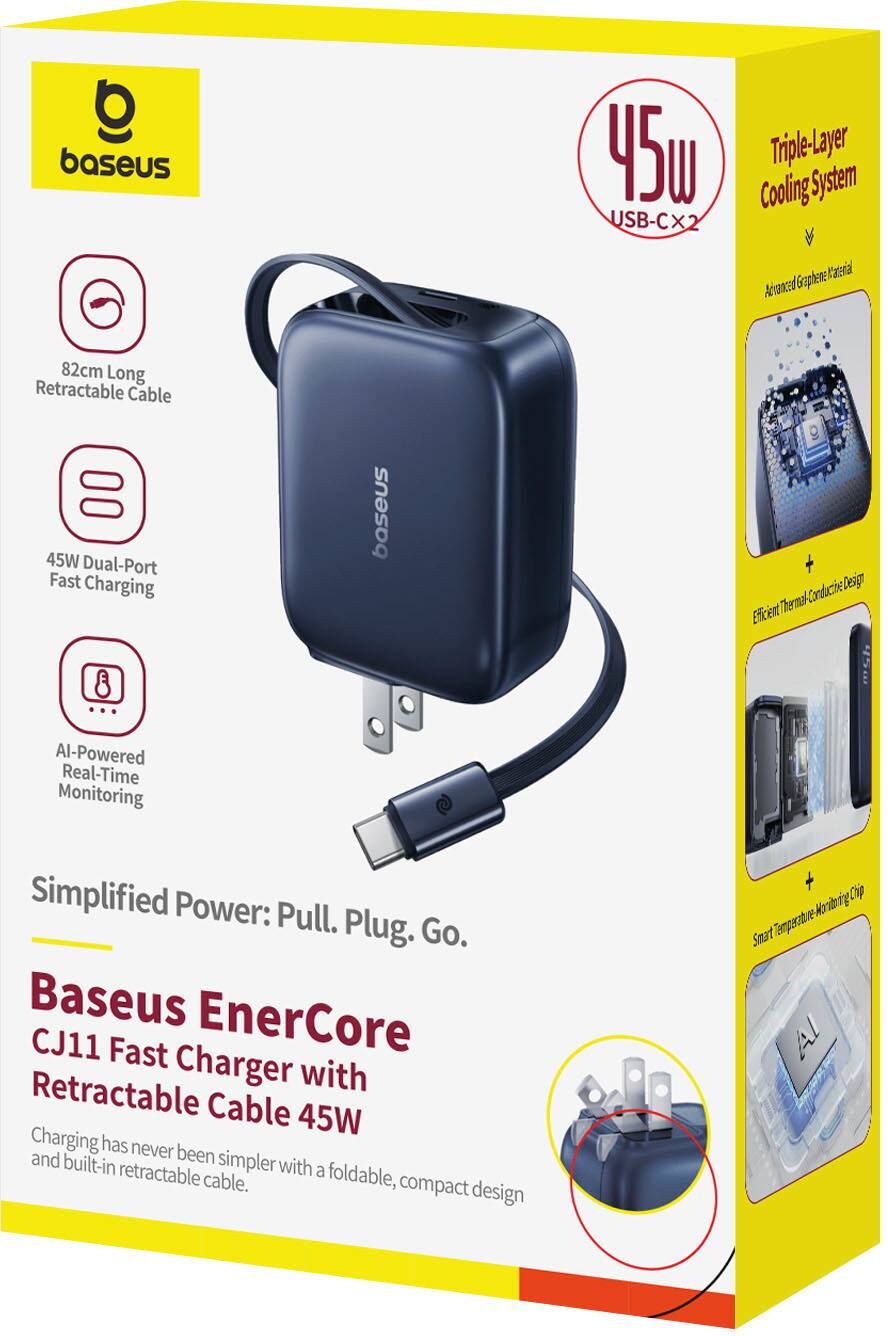 Baseus EnerCore CJ11 Fast Charger with Retractable Cable 45W Charging has never been and built-in simpler with retractable a foldable, cable. compact design Chip Moeig Smat Chmporatuve Al-Powered Real-Time Monitoring Simplified Power: Pull. Plug. Go. Baseus 45u USB-CX2 X Triple-Layer Cooling System V Grophene araral Adranced 82cm Long Retractable Cable 45W Dual-Port Fast Charging baseus + Condactive Desigy Eficient Termal 8 Al-Powered Real-Time Monitoring