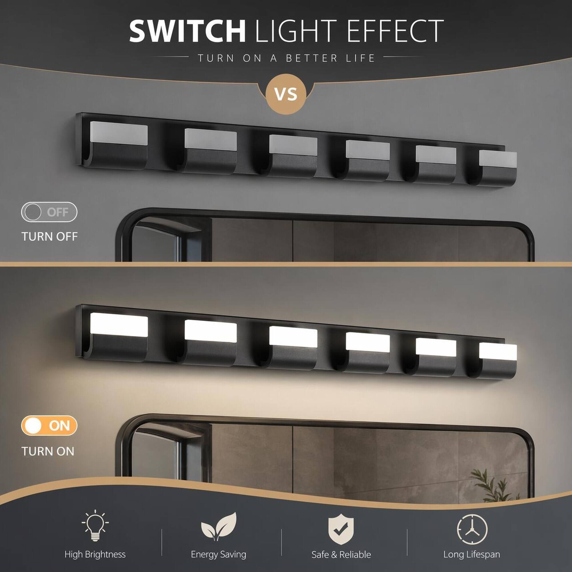 SWITCH LIGHT EFFECT  
TURN ON A BETTER LIFE

VS

OFF  
TURN OFF

ON  
TURN ON

High Brightness  
Energy Saving  
Safe & Reliable  
Long Lifespan