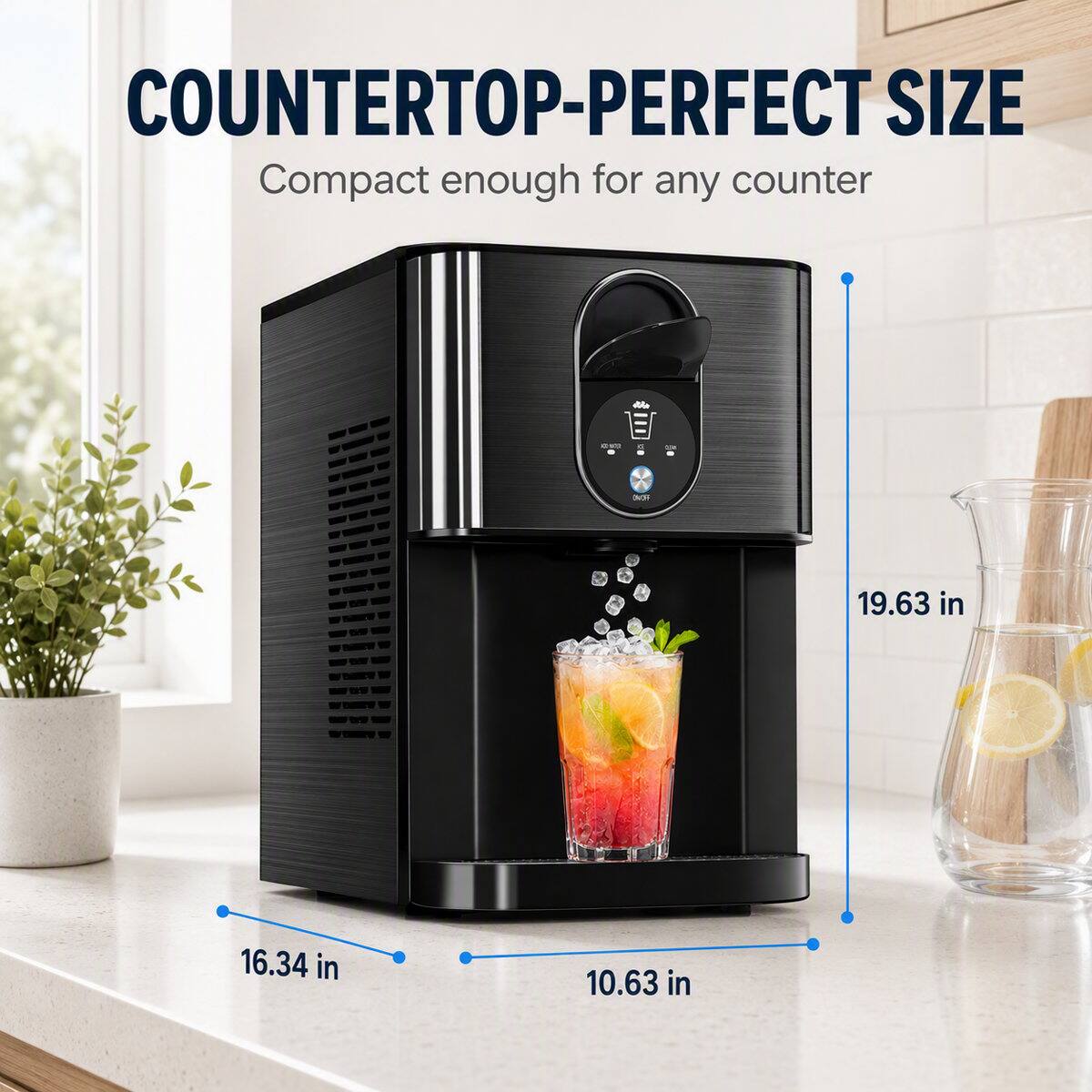COUNTERTOP-PERFECT SIZE  
Compact enough for any counter

19.63 in  
16.34 in  
10.63 in