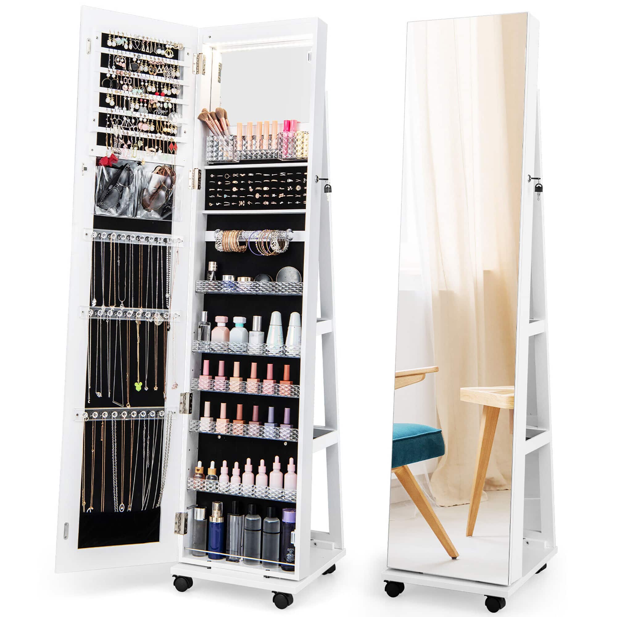 Gymax - 64'' Jewelry Organizer Lockable Jewelry Cabinet Armoire w/ Mirror & LED Lights - White