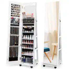 Gymax - 64'' Jewelry Organizer Lockable Jewelry Cabinet Armoire w/ Mirror & LED Lights - White