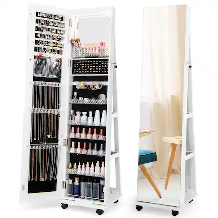Front. Gymax - Gymax 64'' Jewelry Organizer Lockable Jewelry Cabinet Armoire w/ Mirror & LED Lights White - White.