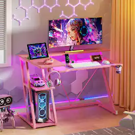 Furnulem - 39 In Gaming Desk with Monitor StandCPU StandPower OutletLED LightHome Office Desk with Cup HolderHeadphone Hook - Pink
