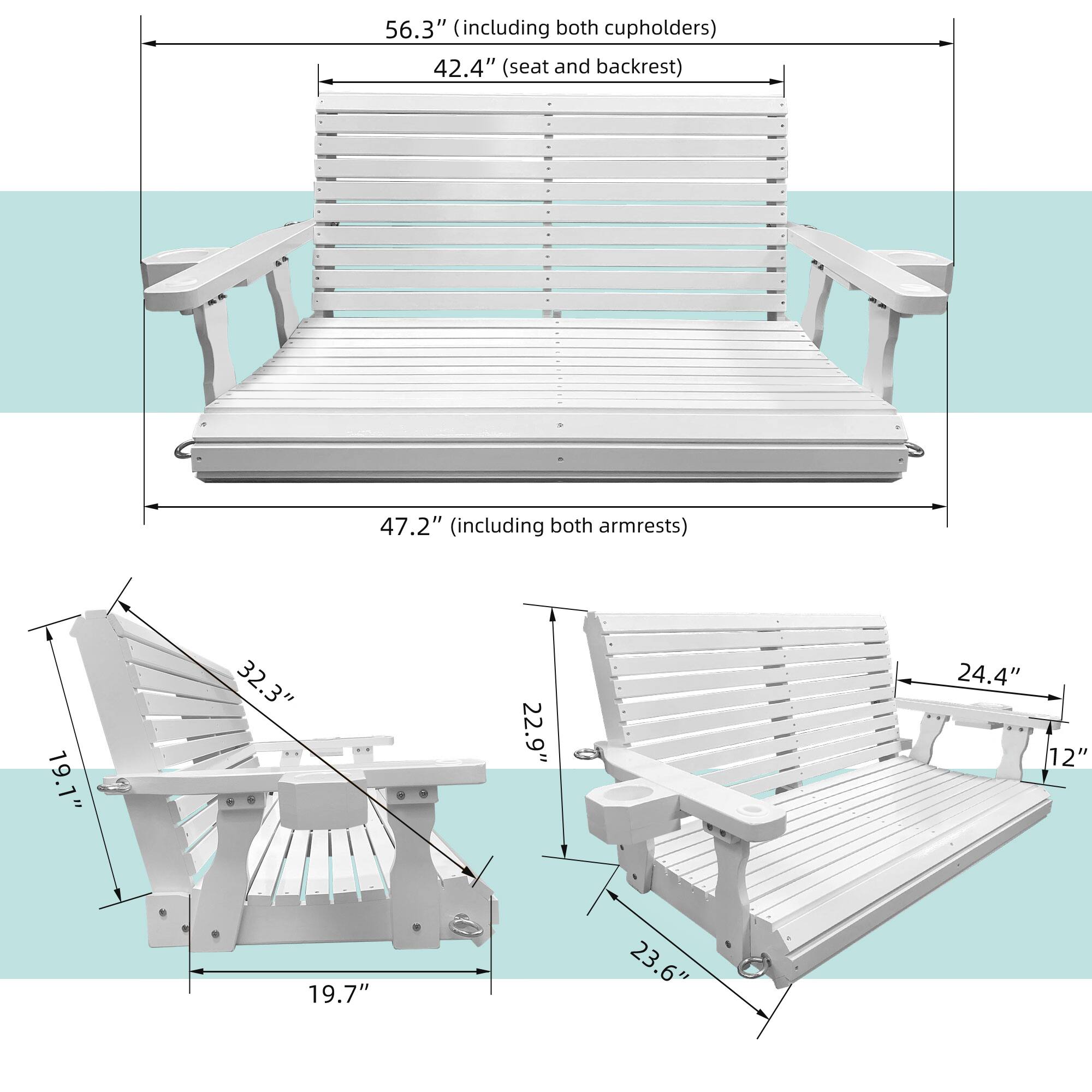 56.3" (including both cupholders)  
42.4" (seat and backrest)  
47.2" (including both armrests)  
32.3"  
22.9"  
24.4"  
12"  
19.7"  
23.6"  
19.1"