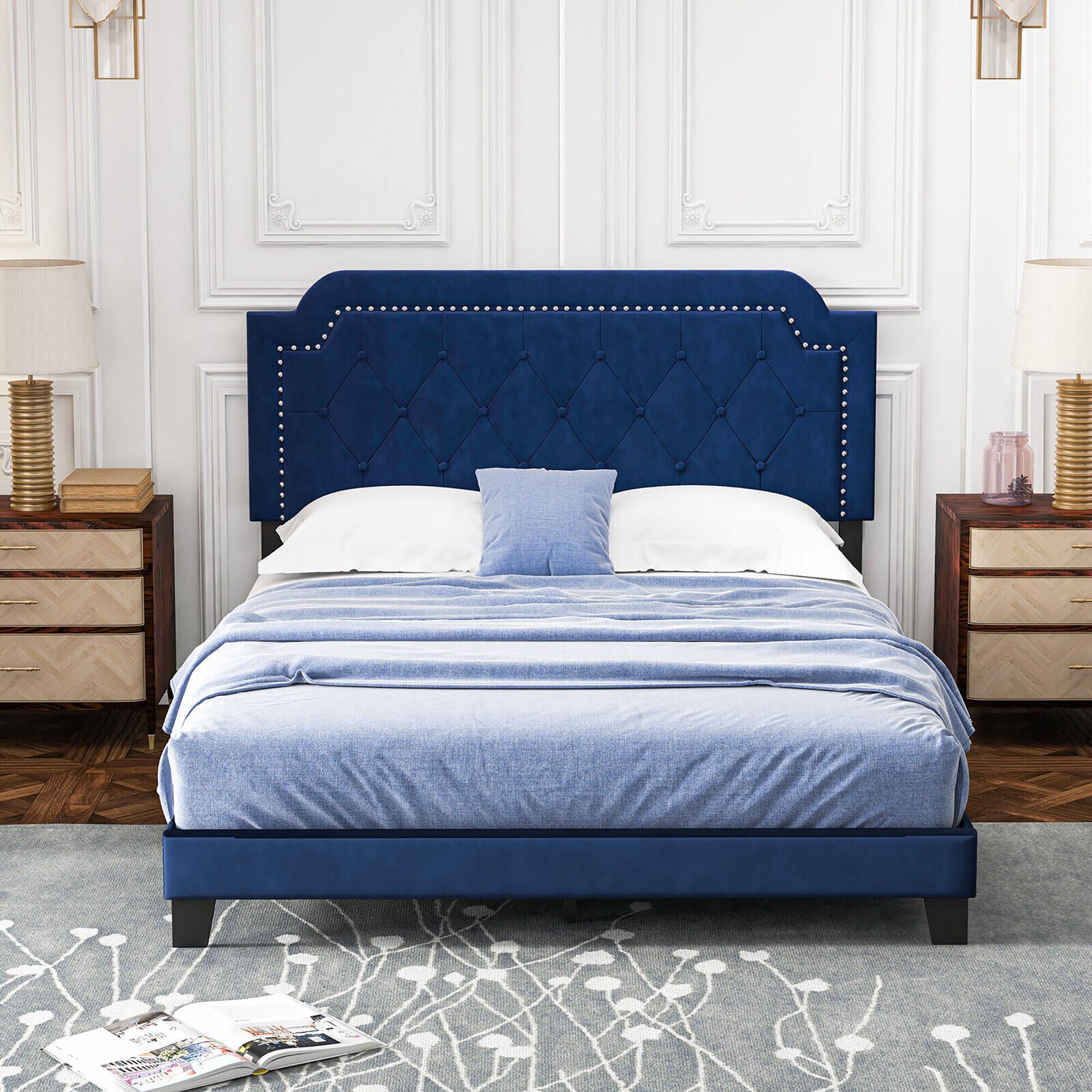 Alt View 1. Gymax - Gymax Queen Size Velvet Platform Bed w/ Button Tufted & Nailhead Trim Headboard - Blue.