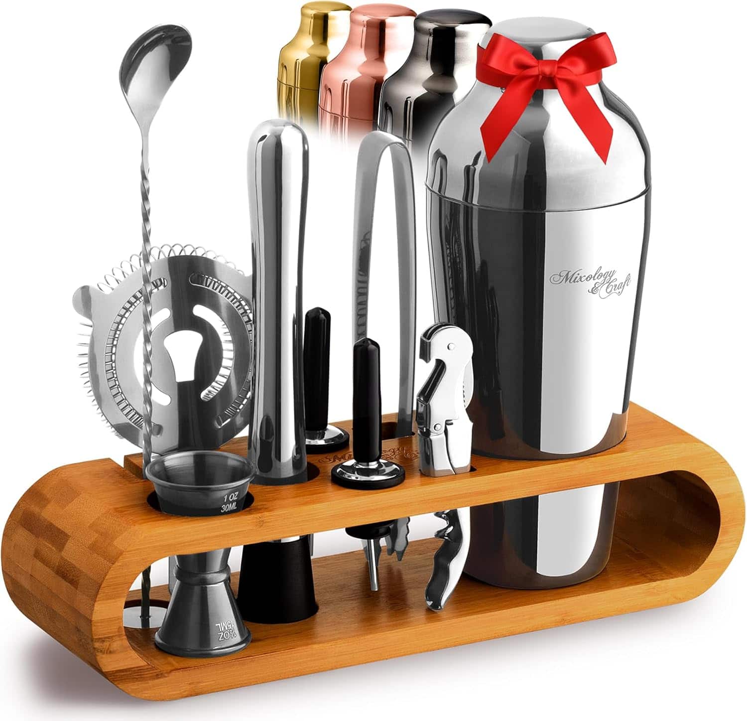 Zulay Kitchen - Mixology & Craft Cocktail Shaker Set: 10-Piece Bartender Kit with Stand | Complete Cocktail Kit Gift Set - Silver