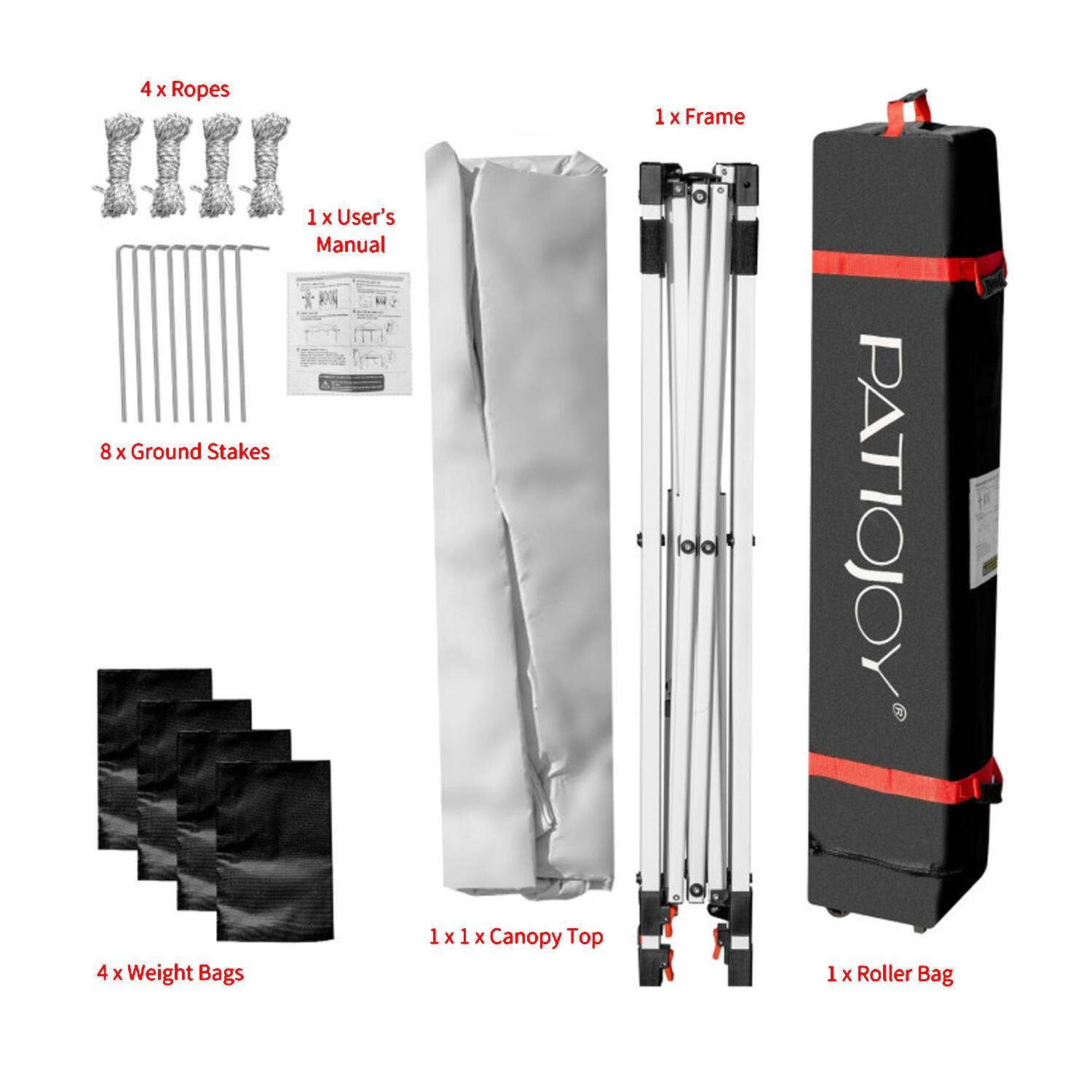 4 x Ropes  
8 x Ground Stakes  
4 x Weight Bags  
1 x User's Manual  
1 x Canopy Top  
1 x Frame  
1 x Roller Bag