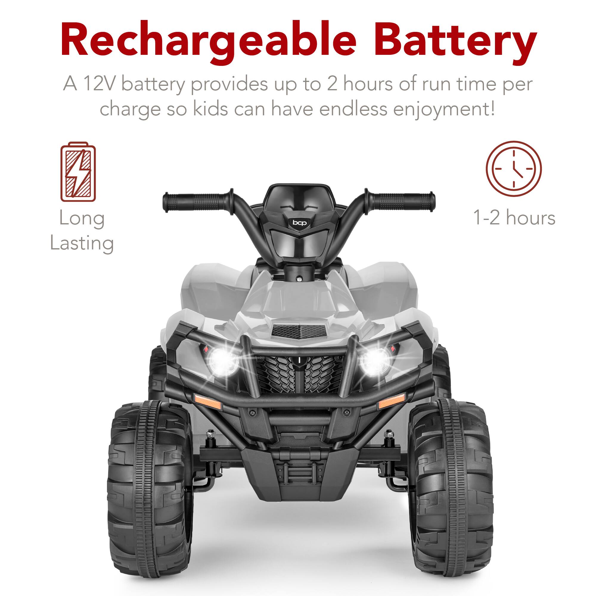 Rechargeable Battery: A 12V battery provides up to 2 hours of run time per charge, so kids can have endless enjoyment! Long Lasting: 1-2 hours.