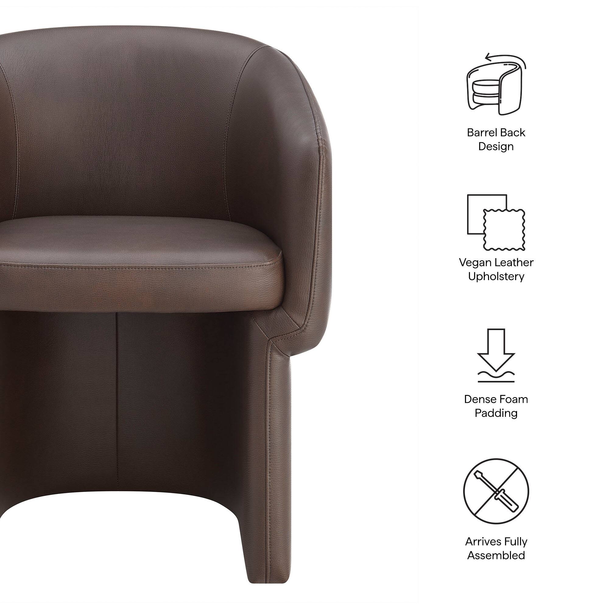 - Barrel Back Design
- Vegan Leather Upholstery
- Dense Foam Padding
- Arrives Fully Assembled