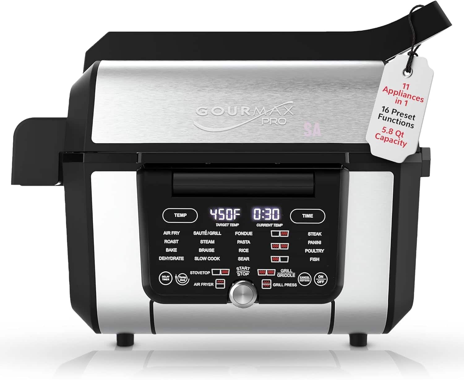 FOODGENIE - Gourmax Pro One Cooking Device - All-in-One Oven, Smokeless Grill, Air Fryer, Griddle, Cooker & More - Black