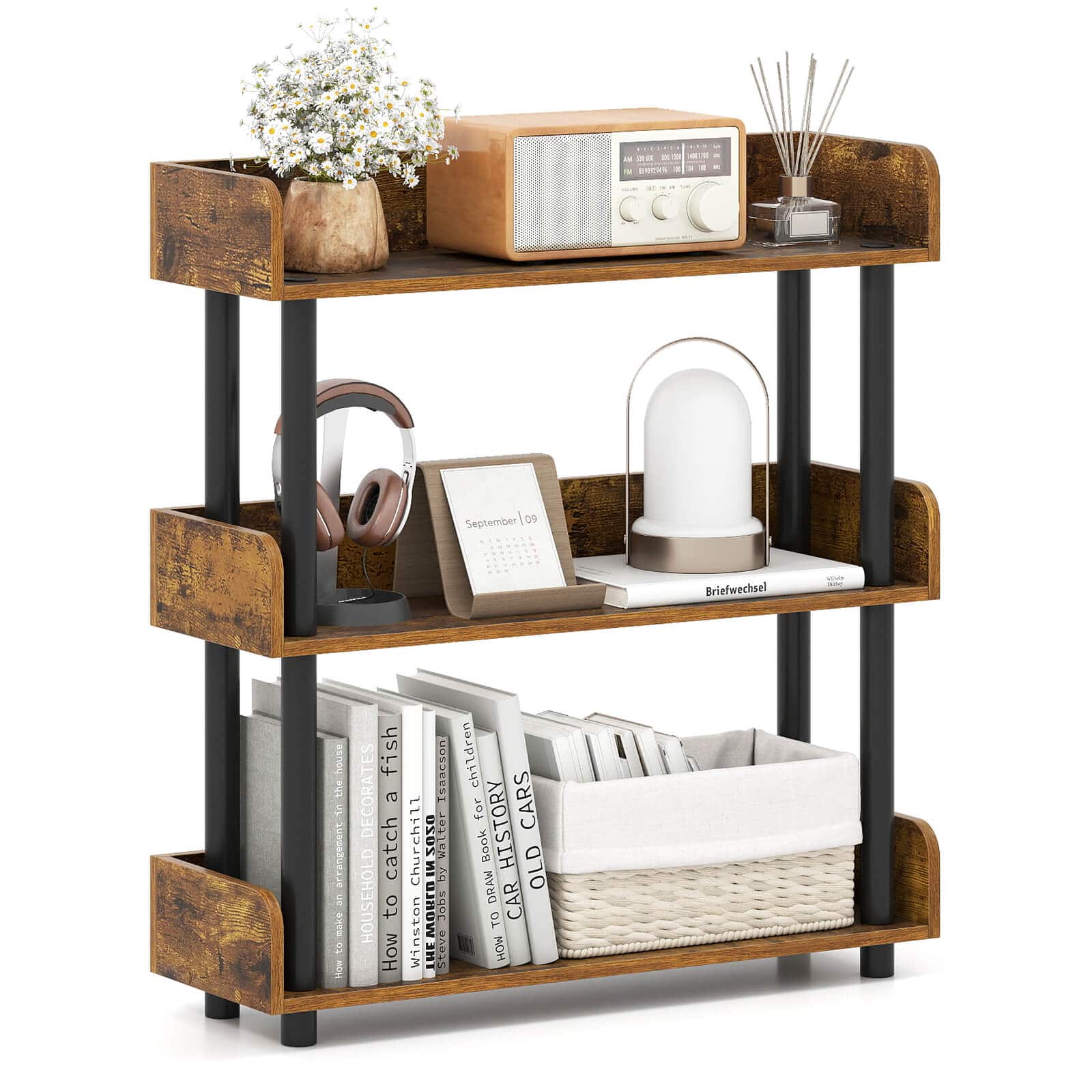 Costway - 1 PCS 3-Tier Bookshelf with Anti-Tipping Kit, Industrial Storage Unit for Living Room - Rustic Brown,Black