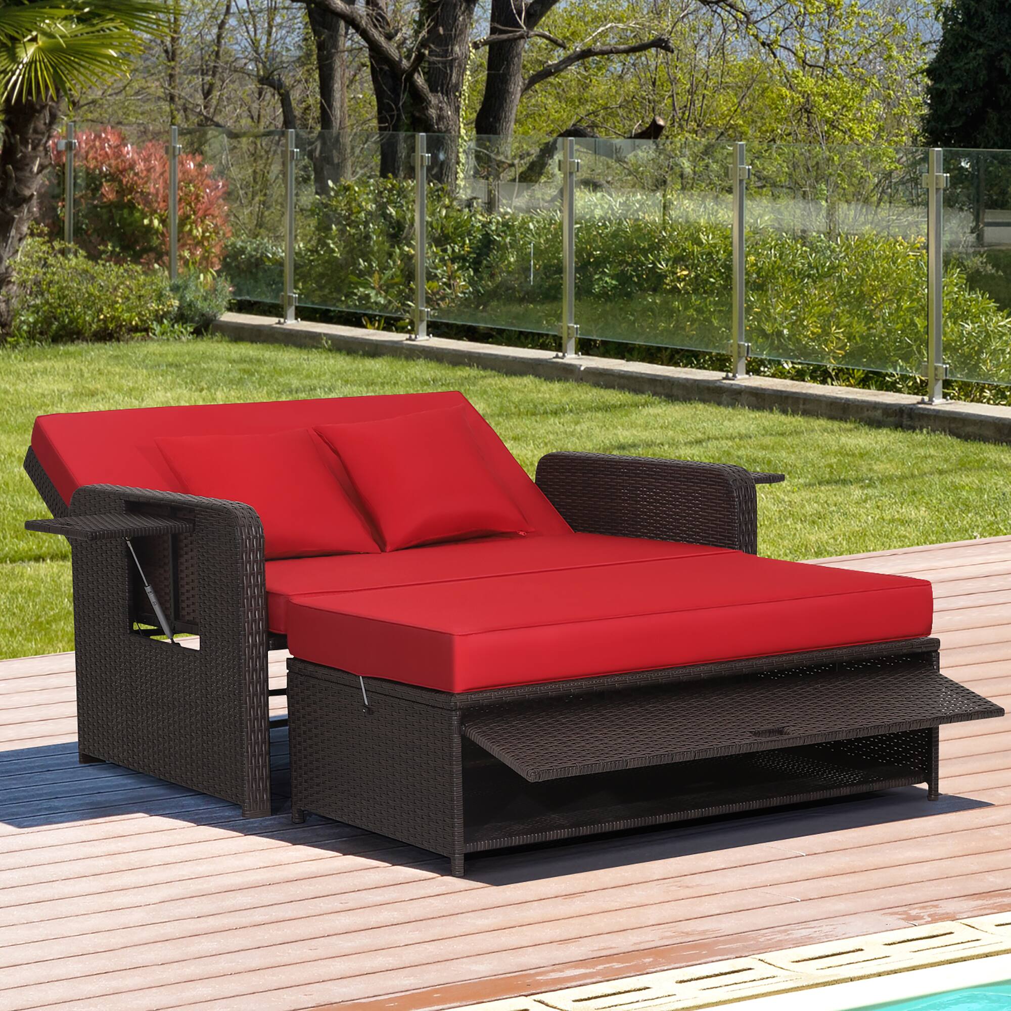 Alt View 1. Costway - Patio Rattan Loveseat Set Daybed Lounge Storage Ottoman Side Tables Adjust - Red + Brown.
