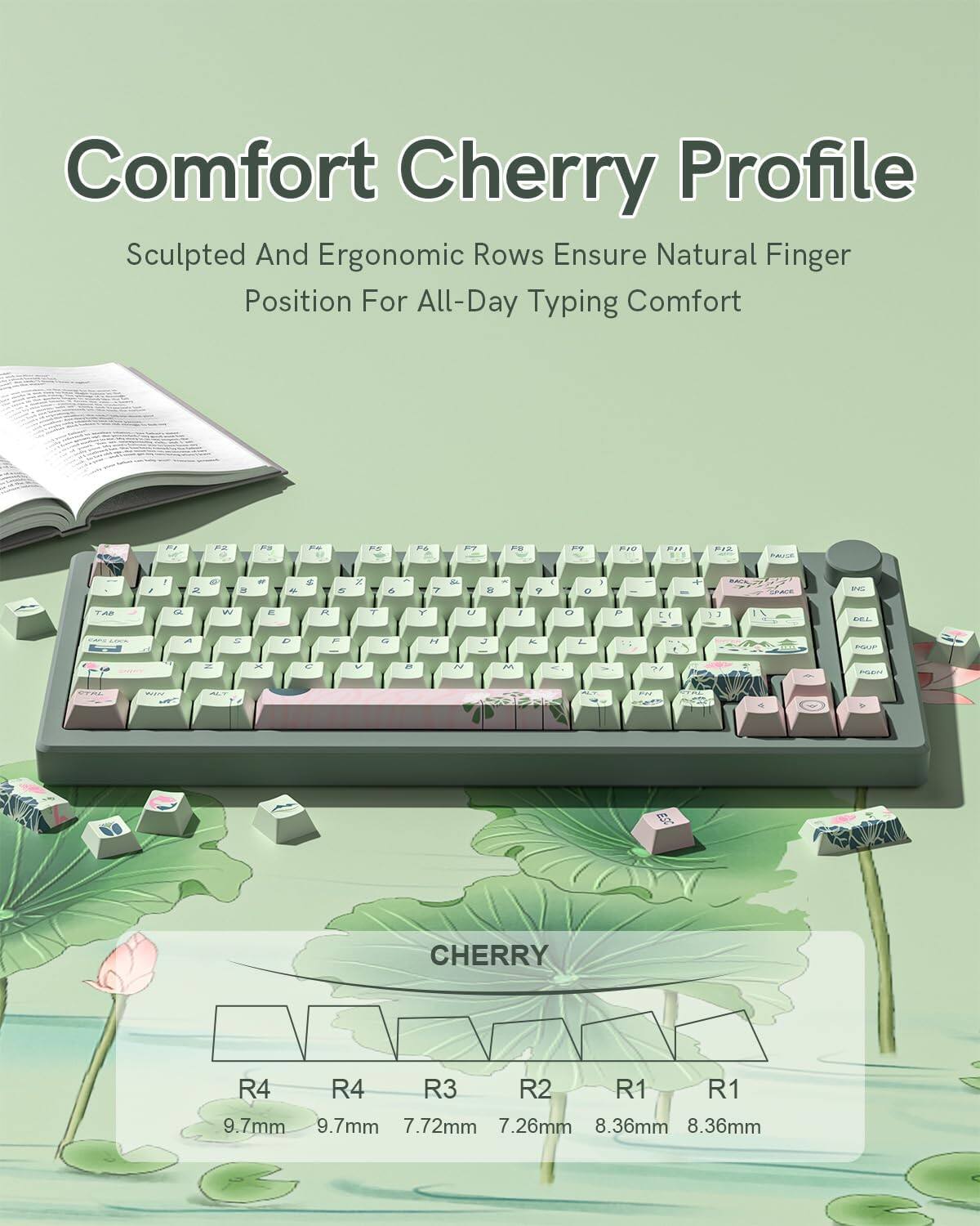 Comfort Cherry Profile  
Sculpted And Ergonomic Rows Ensure Natural Finger Position For All-Day Typing Comfort  

CHERRY  
R4 R4 R3 R2 R1 R1  
9.7mm 9.7mm 7.72mm 7.26mm 8.36mm 8.36mm