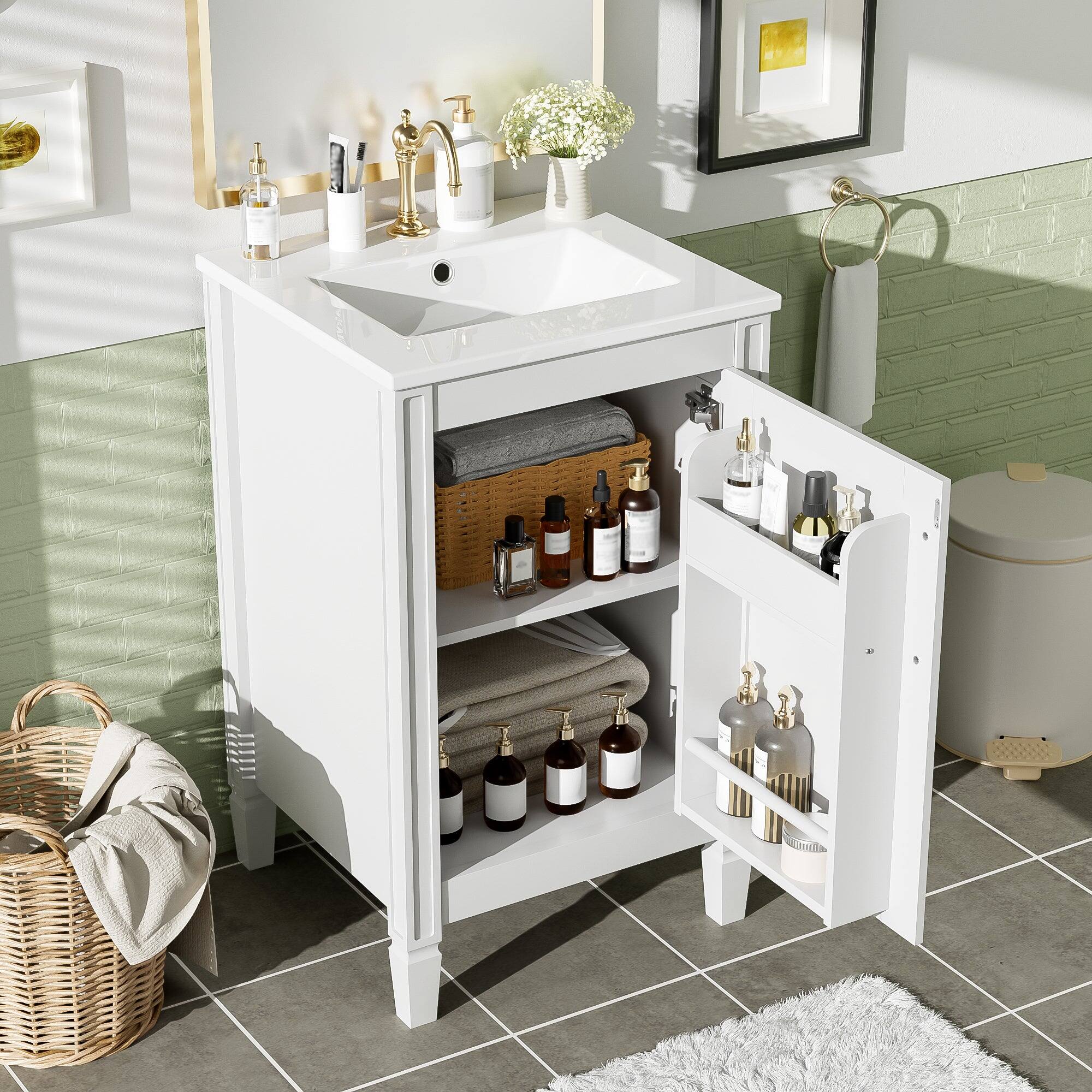 Alt View 5. Boyel Living - 20 Inch White Bathroom Vanity with Ceramic Sink Soft Close Door Adjustable U Shaped Shelf and Door Storage Rack - White.