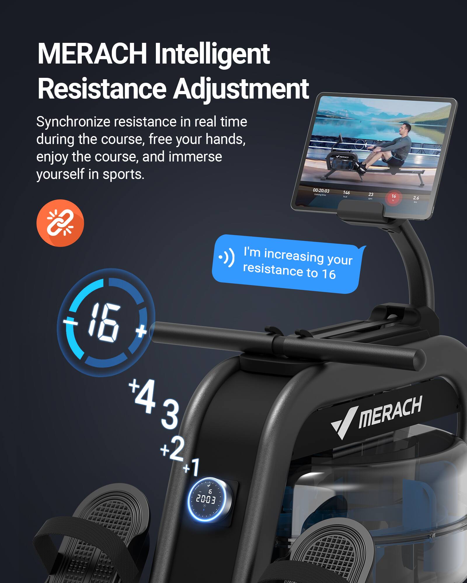 MERACH Intelligent Resistance Adjustment  
Synchronize resistance in real time during the course, free your hands, enjoy the course, and immerse yourself in sports.  

00:20:03 145 - - 23 - 16 . 2.6 16 + + +4 3 + +2 + 1 & 2003 - I'm increasing your resistance to 16 MERACH