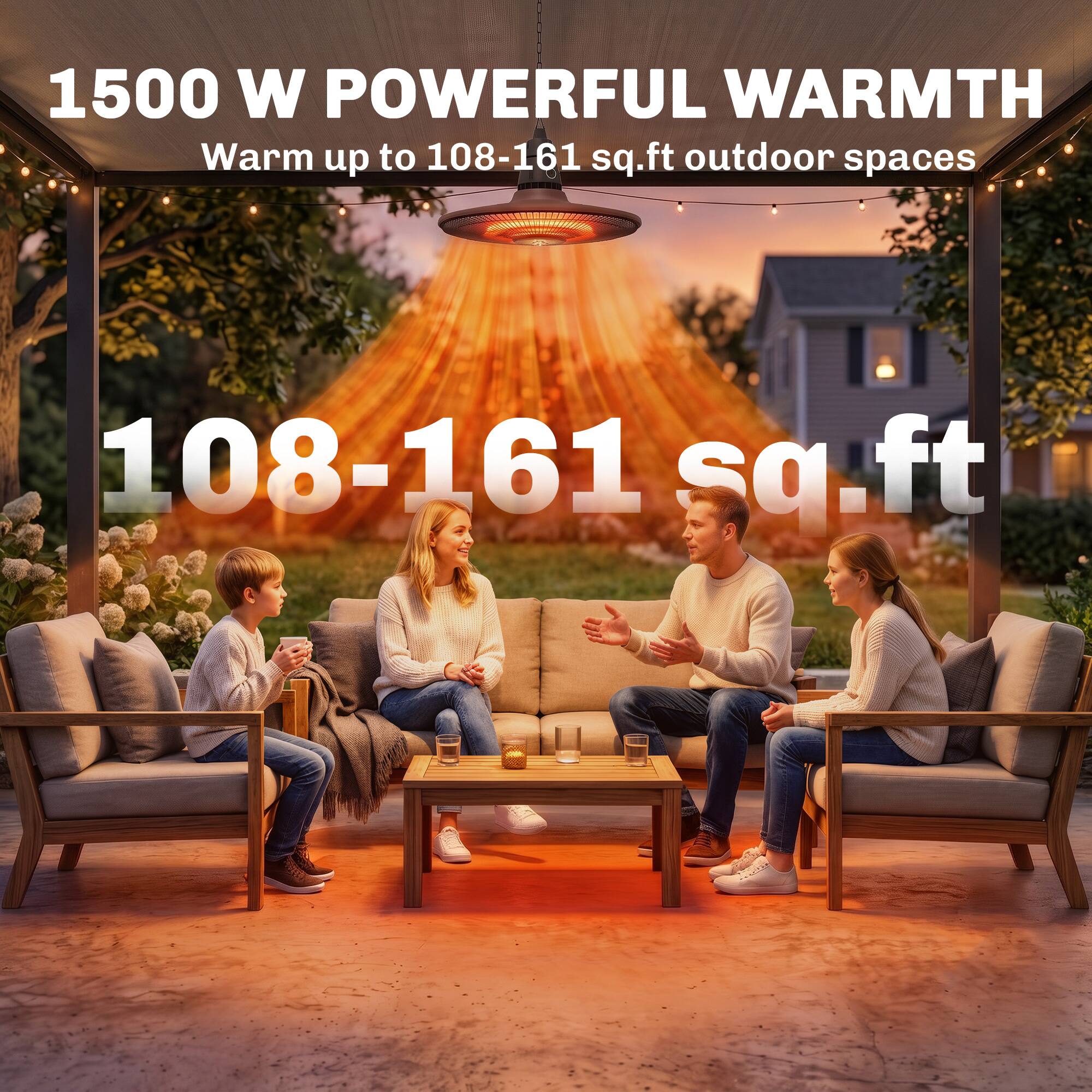 1500 W POWERFUL WARMTH  
Warm up to 108-161 sq.ft outdoor spaces  
108-161 sq.ft