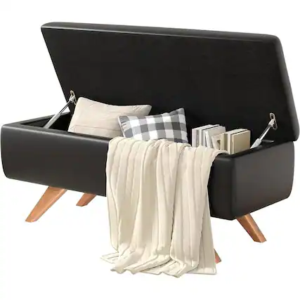 Front. Hivvago - Mid-Century Modern Faux Leather End of Bed Storage Bench Ottoman - Black.