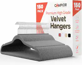 Campior - Velvet Hangers – 150-Pack, 360° Swivel Hook, Non-Slip, Space-Saving, Holds 11 lbs, Smooth Finish - Gray