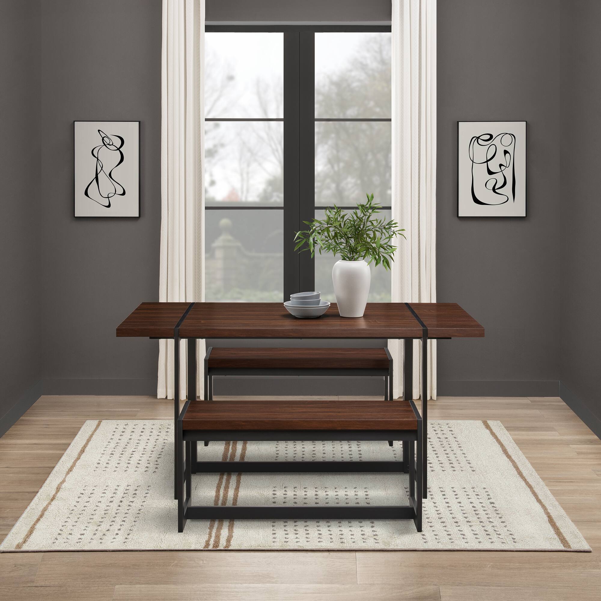 Alt View 11. Walker Edison - Industrial Dining Set with 2 Benches - Dark Walnut.